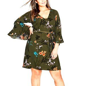Green Floral Flare Sleeve A-Line Dress